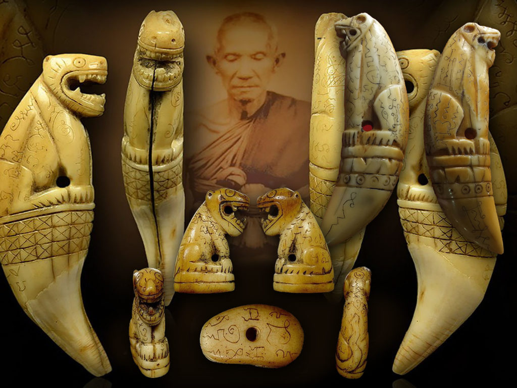 Khiaw Suea Carved Teeth Tiger Amulets of Luang Por Nok